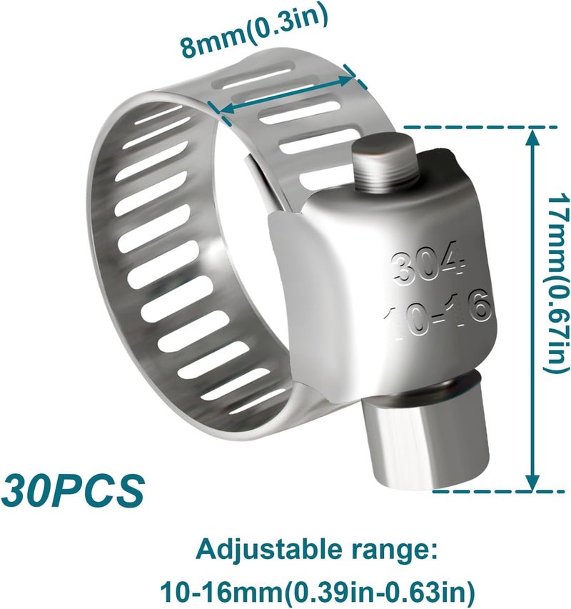 SDZONGES Hose Clamp, 30PCS Fuel Line Clamp, 3/8 inch to 5/8 inch Radiator Hose Clamps, Hose Clamps Stainless Steel(10-16mm). - Image 2